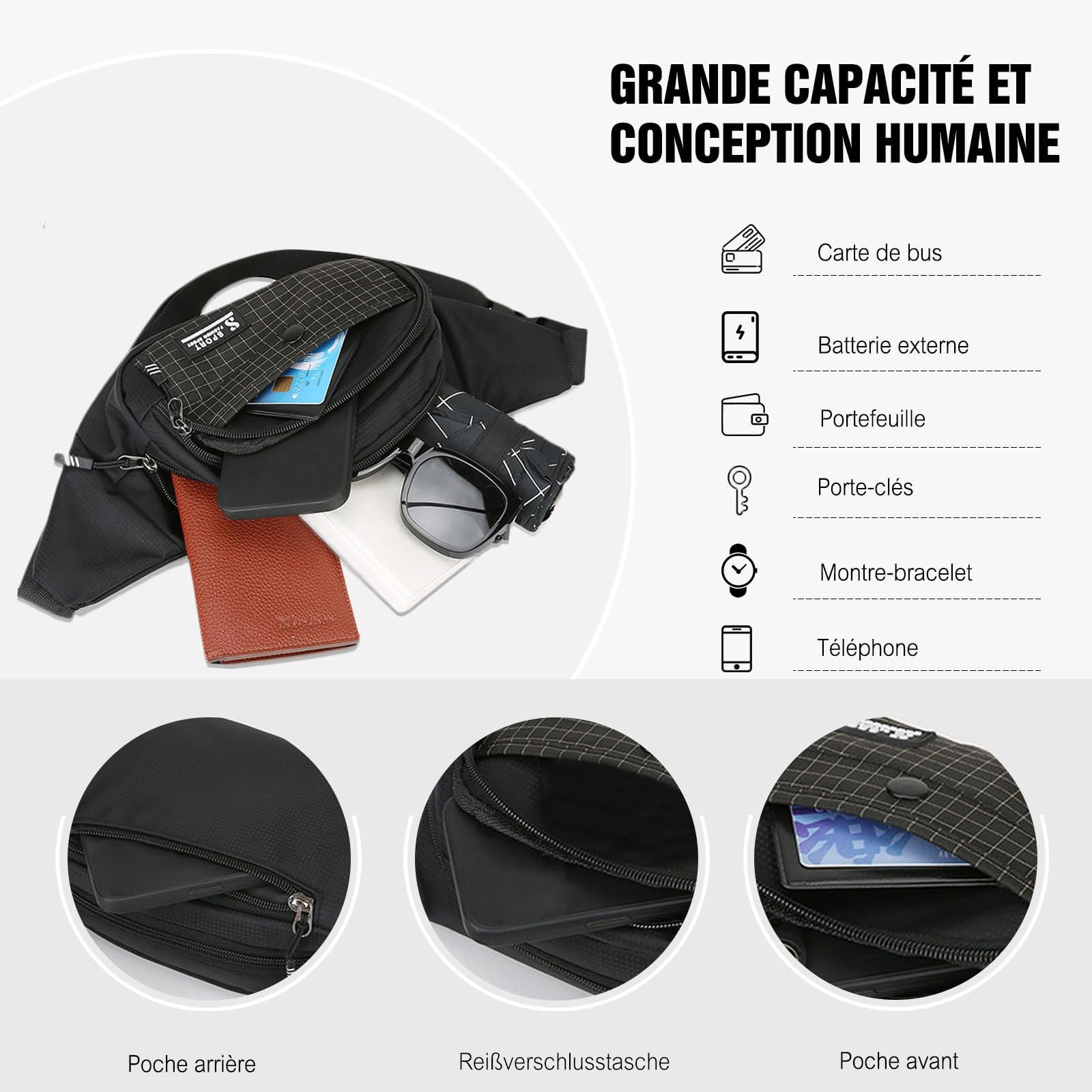 FANDARE Grand Sacs bananes ville Ceinture de Course Femme Homme, Sacoche à Poitrine 3 Poches zippées, avec Sangle Réglable Sac Bandoulière pour Cyclisme, randonnée,Jogging,Voyages,l'extérieur