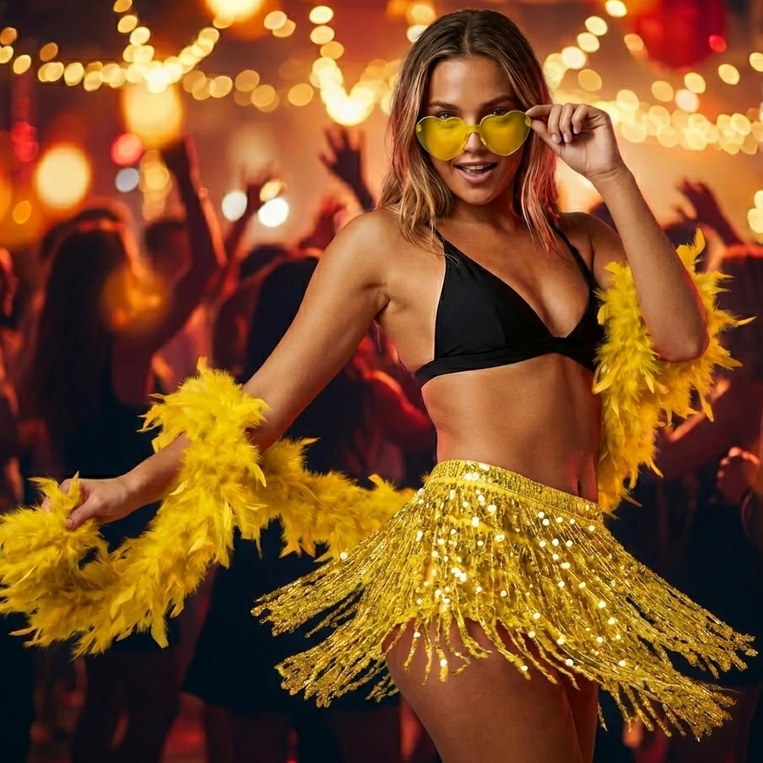 Women's Sequin Fringe Skirt Set with Feather Boa & Heart Sunglasses - Sparkle Tassel Belly Dance Wrap Skirt for Raves Disco
