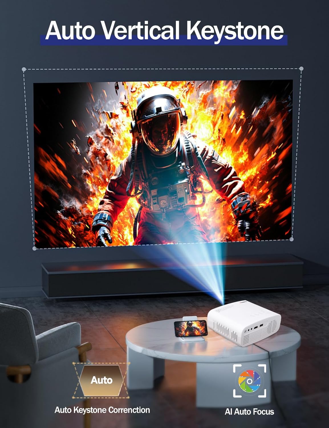 Mini Projector X5 with WiFi and Bluetooth, Native 720P Supports 1080P HD Video, 3-in-1 Stand/Table/Ceiling, Auto Keystone & Electric Focus, Dust-Proof Low Noise Design, Home Theater for Bedroom