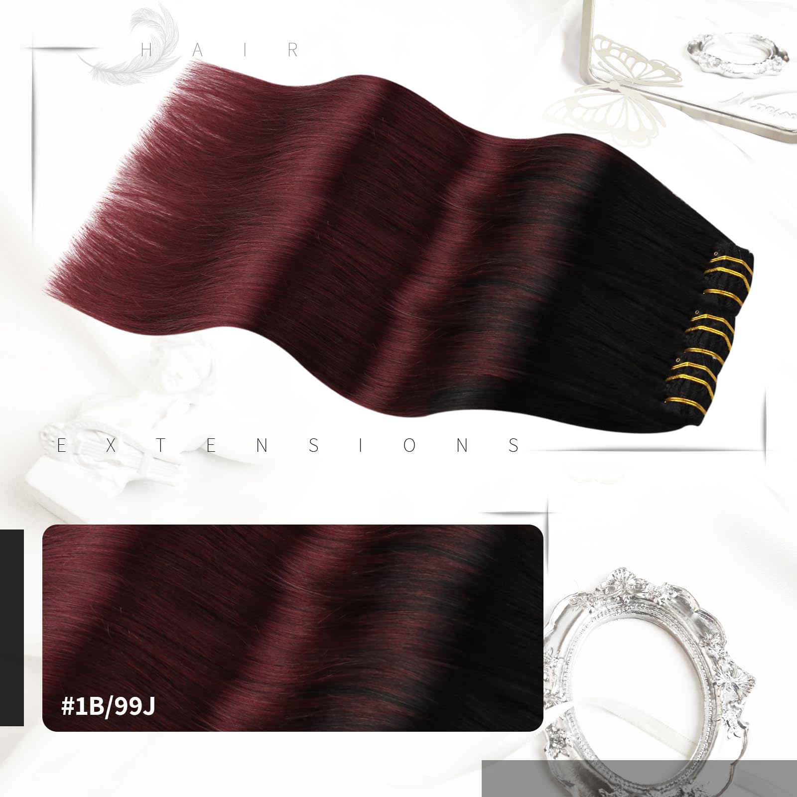 Moresoo 16 Inch Clip in Hair Extensions Real Human Hair Extensions Clip in Remy Human Black Root Ombre Wine Red for Women Full Head Adding Volume Natural Look #1B/99J 7 Pieces/120G - Image 2
