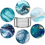 Coasters for Drinks, Round Absorbent Ceramic Stone Coasters Set of 6 with Cork Base, Funny Drink Coasters with Holder for Cold Drinks Wine Mugs and Cups Tabletop Protection, 4 Inches,Teal Marble Ocean Blue