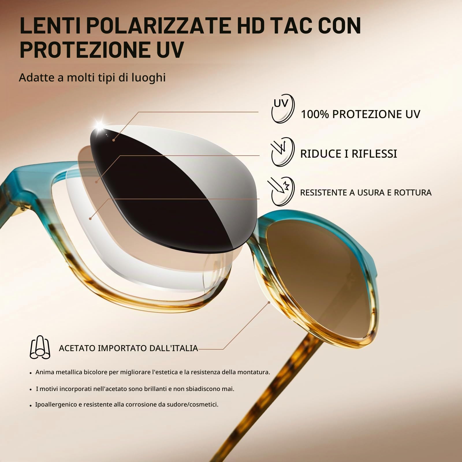 Carfia Occhiali da Sole Polarizzati da Donna UV400 Montatura Rettangolare da Donna per Corsa e Golf CA5287 | Viso di piccole e medie dimensioni, alla moda, protezione UV400, ipoallergenico, fatto a mano, per la guida di golf party