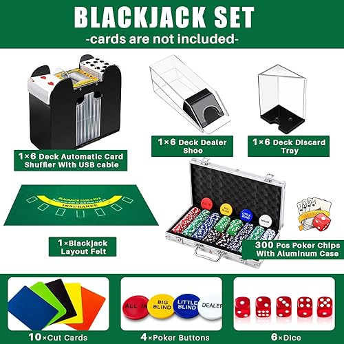 Miniatura 2 de Aoriher Juego de casino Blackjack, incluye 300 fichas de póquer, 10 tarjetas cortadas, 5 dados, fieltro de casino de doble cara, 1 barajador, 6