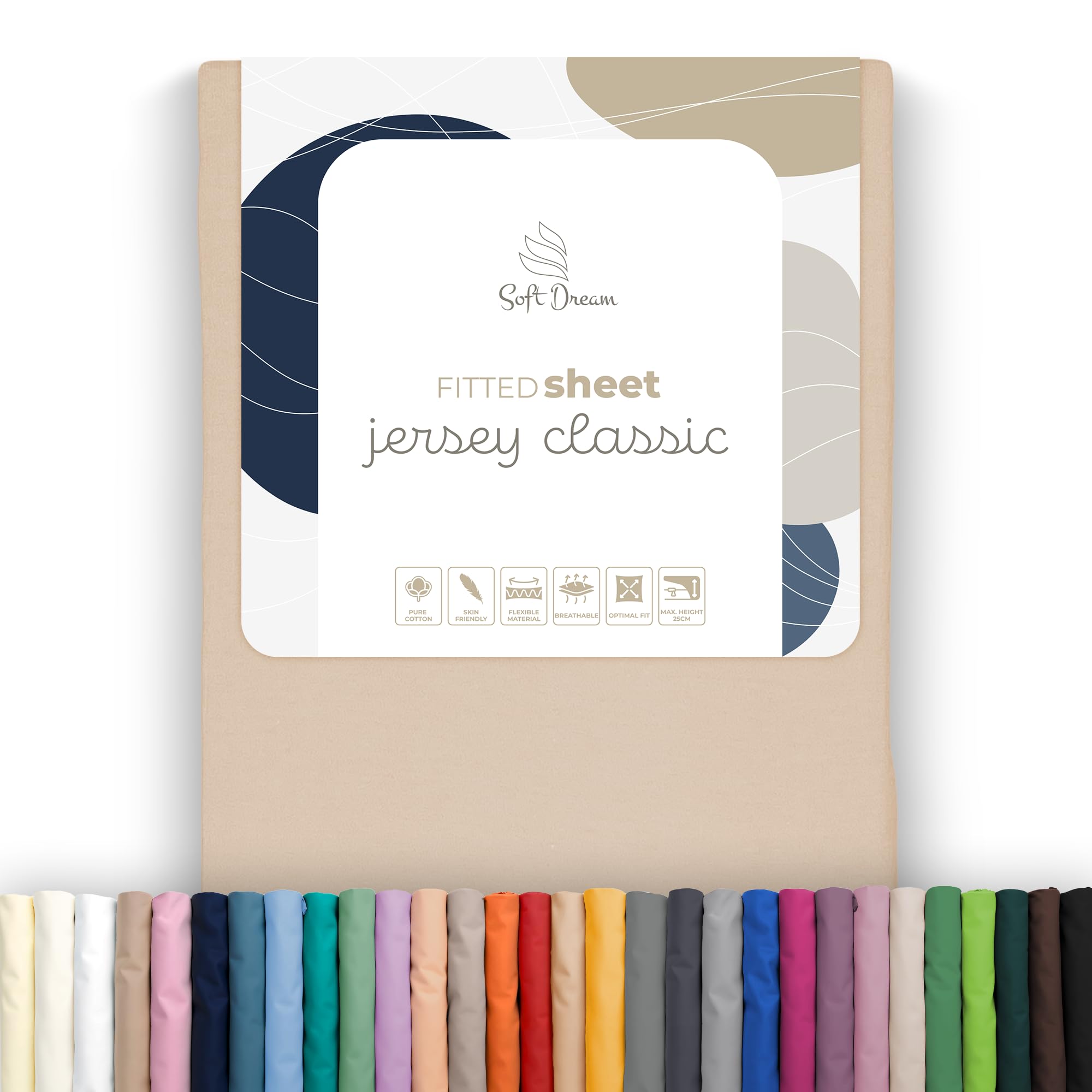 Soft Dream Fitted Sheet 100 x 200 cm Light Beige – 100% Cotton Jersey, 30 cm Corner, Elastic All Around – for Mattresses up to 25 cm – Oeko-TEX Standard 100, Made in the EU