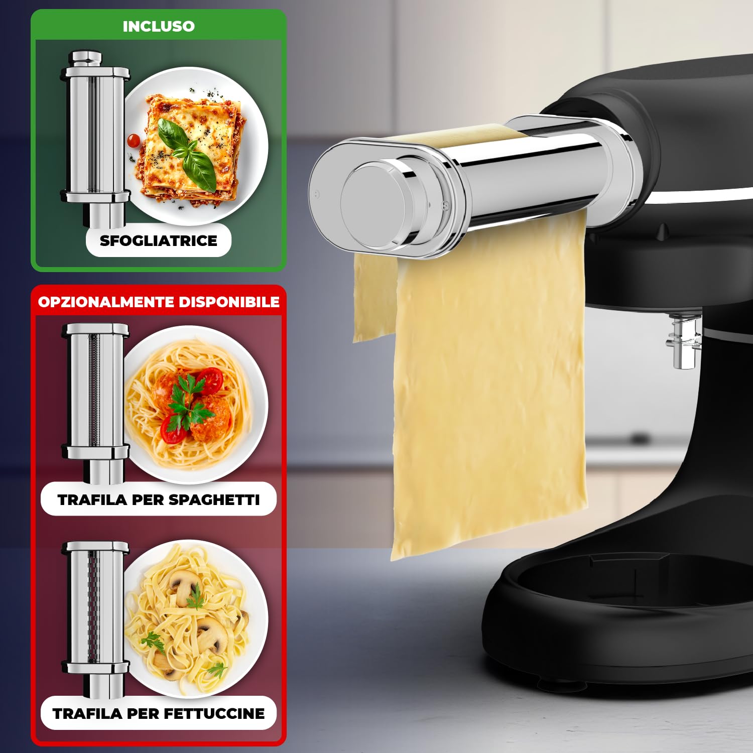 Impastatrice Planetaria con Macchina per la Pasta – 2000W – Robot da Cucina con Macchina per Pasta Fresca – Macchina Pasta - 6,2L Ciotola in Acciaio Inossidabile (Nero)