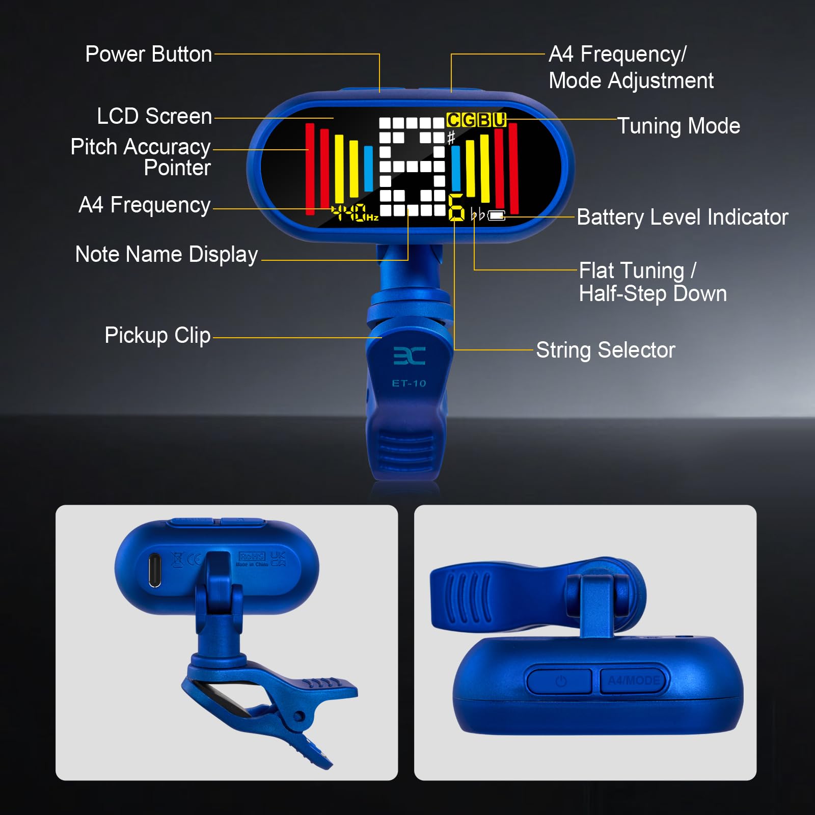 EX Accordeur chromatique professionnel rechargeable pour guitare — Accordeur rapide et ultra précis avec écran LCD couleur pour guitare acoustique, basse, ukulélé et violon, bleu