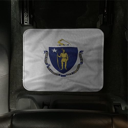 Miniatura 3 de Lunarable Juego de 4 alfombrillas de coche americanas, con diseño de bandera de Massachusetts que sostiene un arco y flecha hacia abajo, alfombrilla