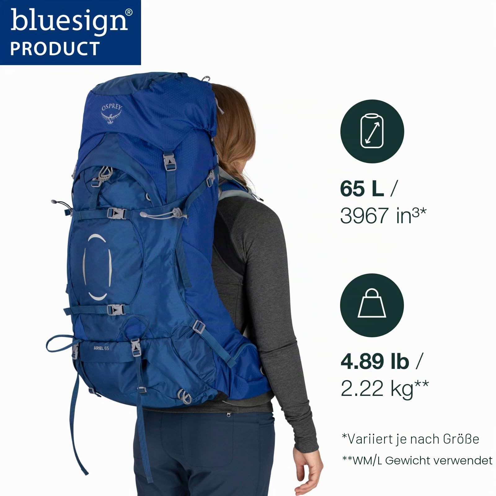 Osprey Ariel Damen-Trekkingrucksack, 65L X-Small/Small, Ceramic Blue