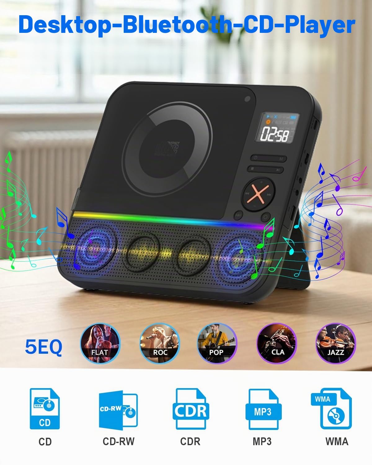 Tragbarer CD Player Bluetooth, Boombox Desktop CD-Player mit Bluetooth FM-Radio und RGB LED-Anzeige Integrierte Dual-Lautsprecher Unterstützt USB/AUX für Hause Camping Tragbare CD-Players