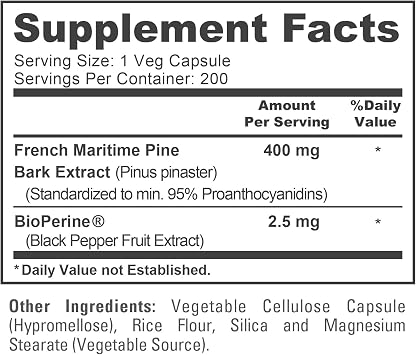 French Maritime Pine Bark, Vegan, 400mg, 200 Veggie Caps - 200 Servings | Herbal Formula, Pinus pinaster Bark Extract, BioPerine, Non-GMO, Suitable for Adults, Manufactured in cGMP Facility USA