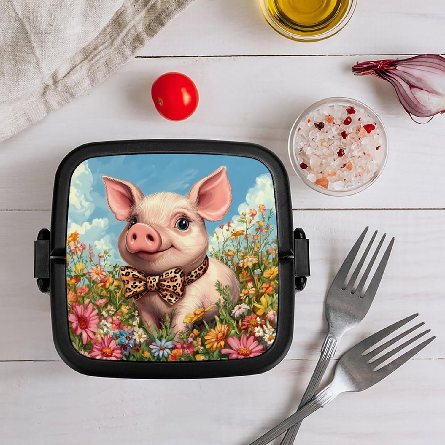 Cute Pigs Bento Box with Spoon 2 Layer Food Container Cute Lunch Box for Travel Dining Work