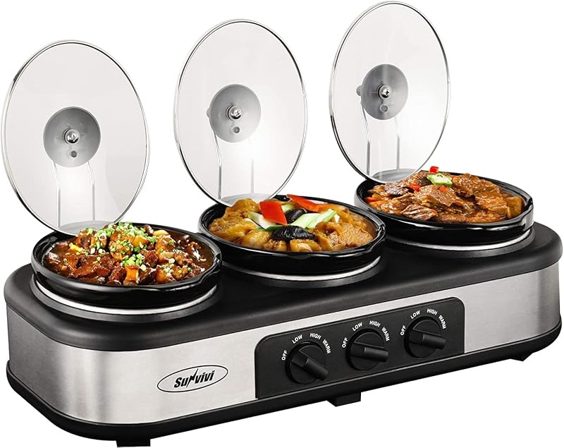 Olla de cocción lenta, triple servidor de buffet y calentador de alimentos, olla de cerámica ovalada mejorada de 3 secciones de 1,5 cuartos con soportes de tapa de acero inoxidable, 3 cucharas, total 4,5 cuartos de galón