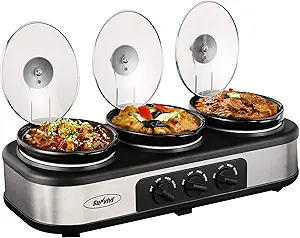 Sunvivi Slow Cooker, Triple Slow Cooker Buffet Server and Food Warmer, 3-Section 1.5-Quart Upgraded Oval Ceramic Pot with Stainless Steel Lid Rests, 3 Spoons, Total 4.5 QT