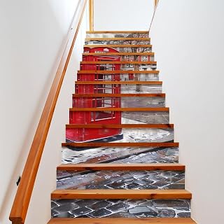 London Red Telephone Booth Pattern Stair Stickers, 13 PCS, 7.1x39.4 Inches, Removable and Easy-to-Install Decor for Home Office Steps