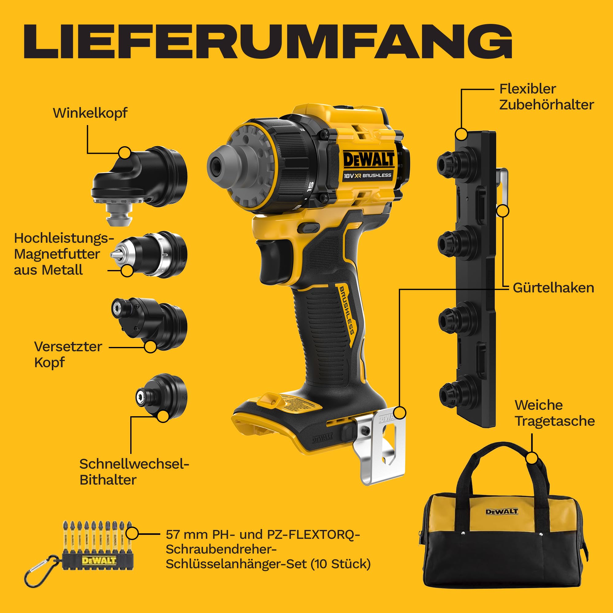 DEWALT 18V XR Akku-Mehrkopf-Bohrschrauber, bürstenlos, mit 4 austauschbaren Köpfen, inkl. Aufbewahrungstasche & 10-tlg. 57mm PH/PZ FLEXTORQ Schraubendreher-Set, nur Gerät (ohne Akku), DCD803KN-XJ -...