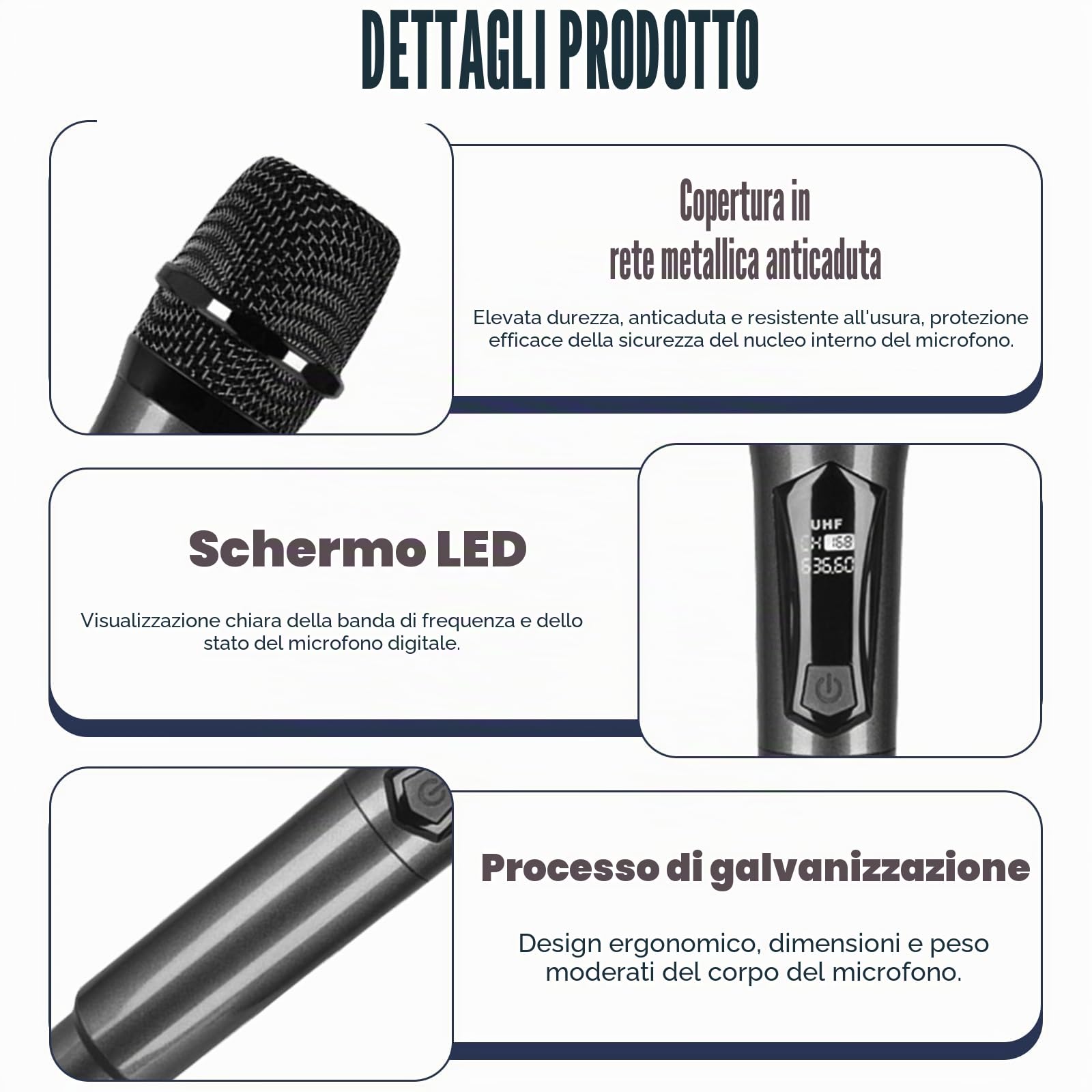 Doppio microfono senza fili, set di microfoni wireless con ricevitore ricaricabile – portata di 61 m, plug and play, suono cristallino per karaoke, matrimoni, feste, presentazioni, canto
