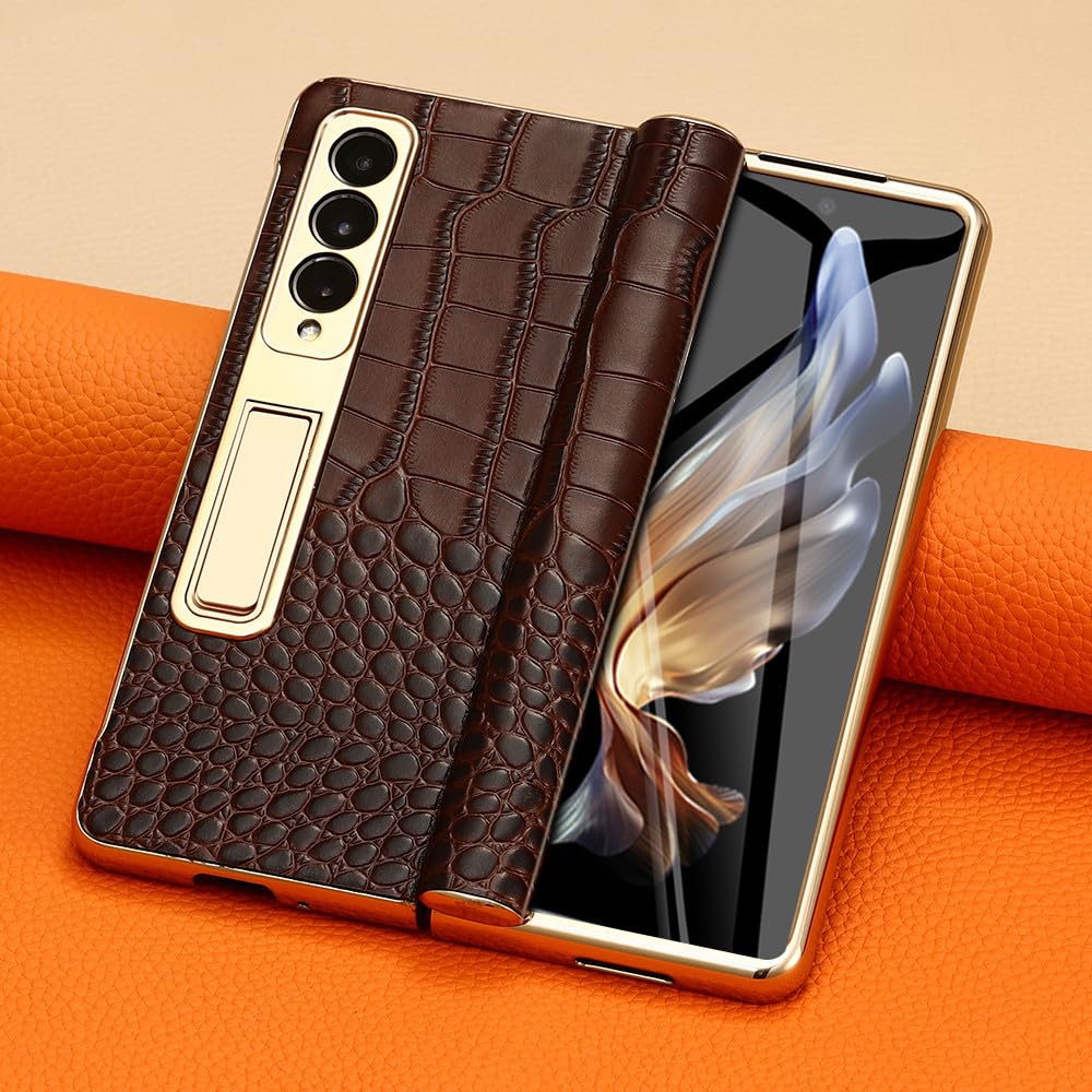 Skórzane etui na telefon do Samsung Galaxy Z Fold 5 4 3 Fold4 Fold5 Pozłacane etui z zawiasem magnetycznym Tylna obudowa ze stojakiem z folią lustrzaną, ziarno liczi w kolorze czarnym, do Galaxy Z F