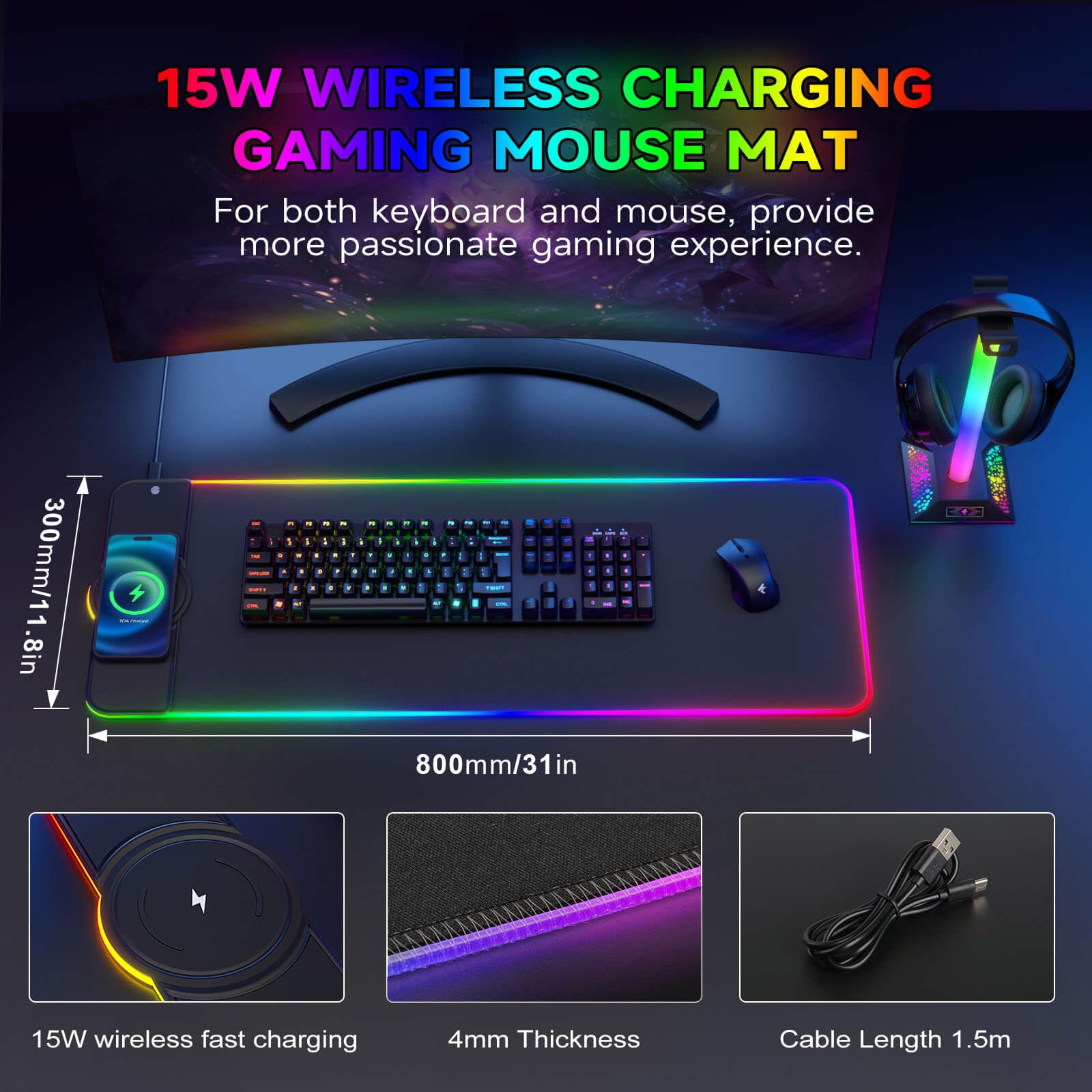 Hcman Tappetino per mouse da gioco RGB con ricarica – Tappetino per mouse wireless da 15 W LED extra large 80 x 30 cm, 10 modalità di illuminazione, accessori per sala da gioco, tappetino per tastiera