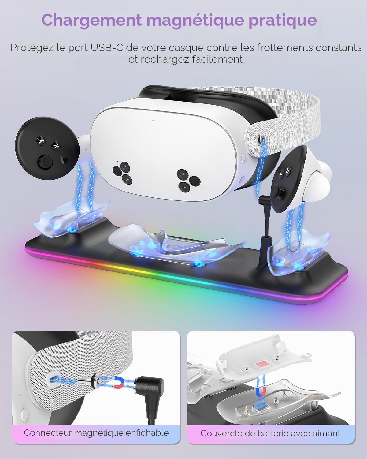 Station de charge pour Meta Quest 3S/3 Kinwin Base de charge magnétique pour accessoires Oculus Quest 3S/3 avec lumière RVB, support de charge pour casque VR et contrôleur avec 2 piles rechargeables