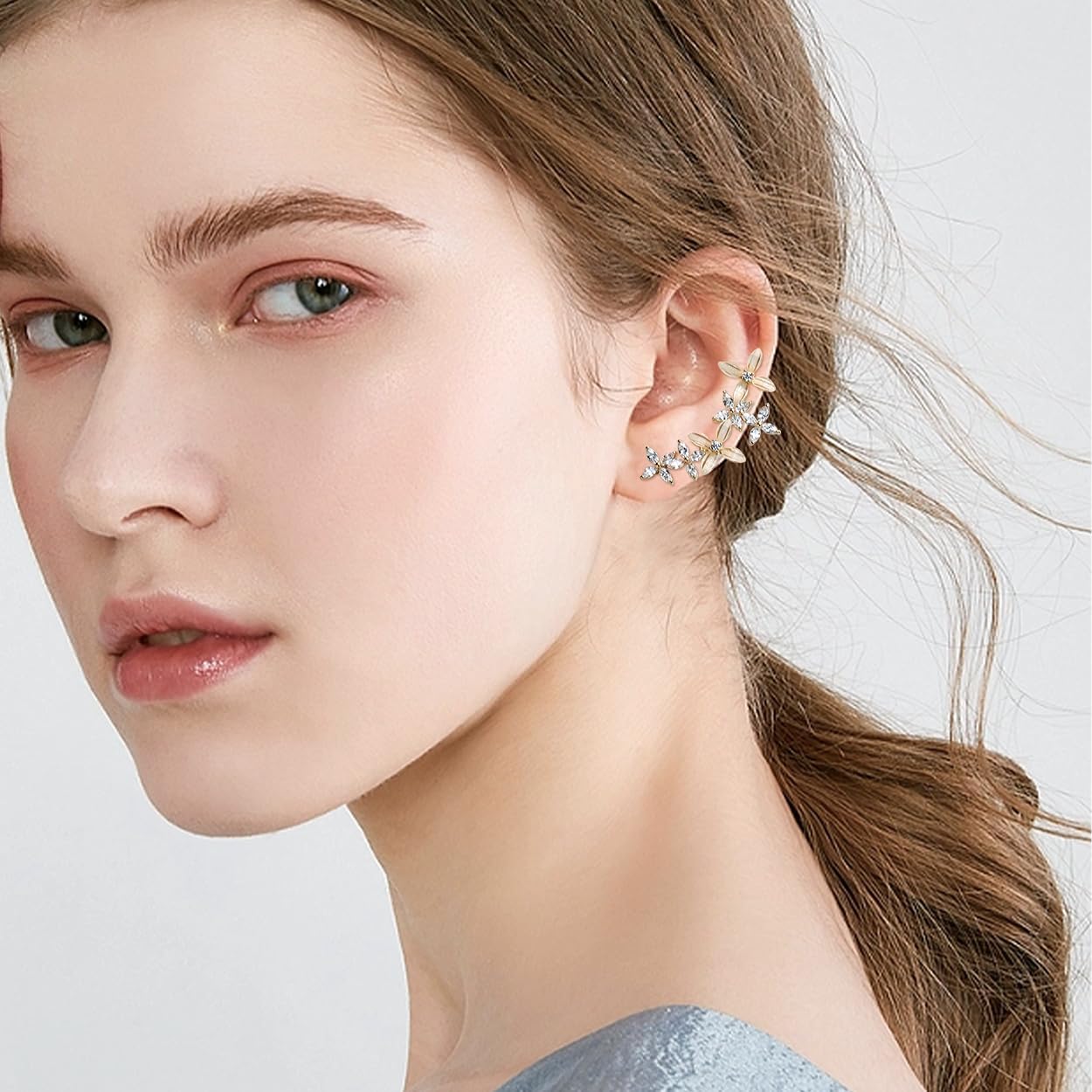 Sonateomber Ear Crawler Climber Earrings for Women, Sparkly Elegant Non Piercing Cubic Zirconia Adjustable Cuff Wrap, Pierced Rhinestone Stud Set, Hypoallergenic Cartilage Jewelry Gift