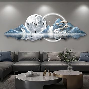 Decorative 3D Wall Art Decor Clock with LED Light, Decor Wall Clocks,Plug-in Power Supply,Home Hanging Decor,House Bedroom Kitchen Art,Non TickingBlue 1,39.4 * 13.7in