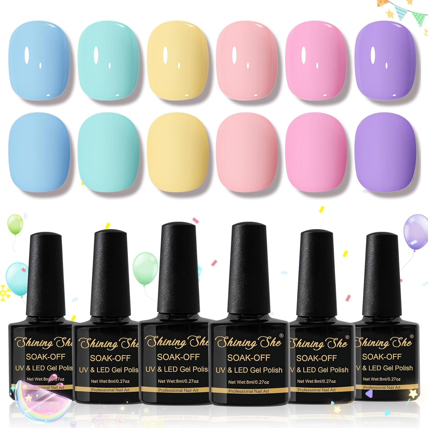 Shining She Gel Nail Polish Pastel, 6 Colors Spring Summer Macaron UV Nail Polish, Pastel Pink Purple Blue Green Yellow Gel Polish Soak Off UV Nail Polish for Beginners Nail Art Salon, 8ML