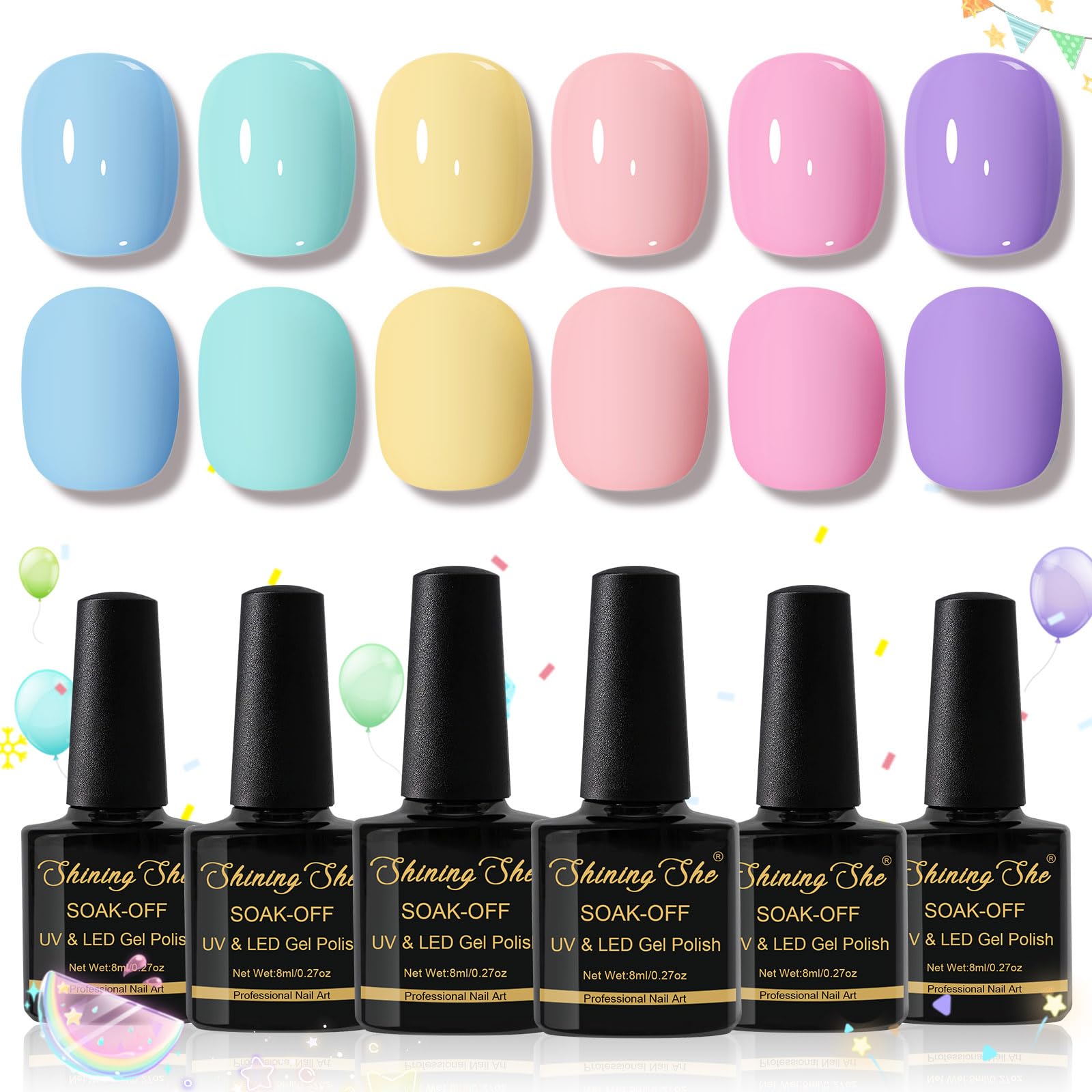 Shining She UV Nagellack Pastell, 6 Farben Frühling Sommer Macaron Gel Nagellack UV, Pastell Rosa Lila Blau Grün Gelb Gel Nail Polish Soak Off UV Lack für Anfänger Nail Art Salon, 8ML