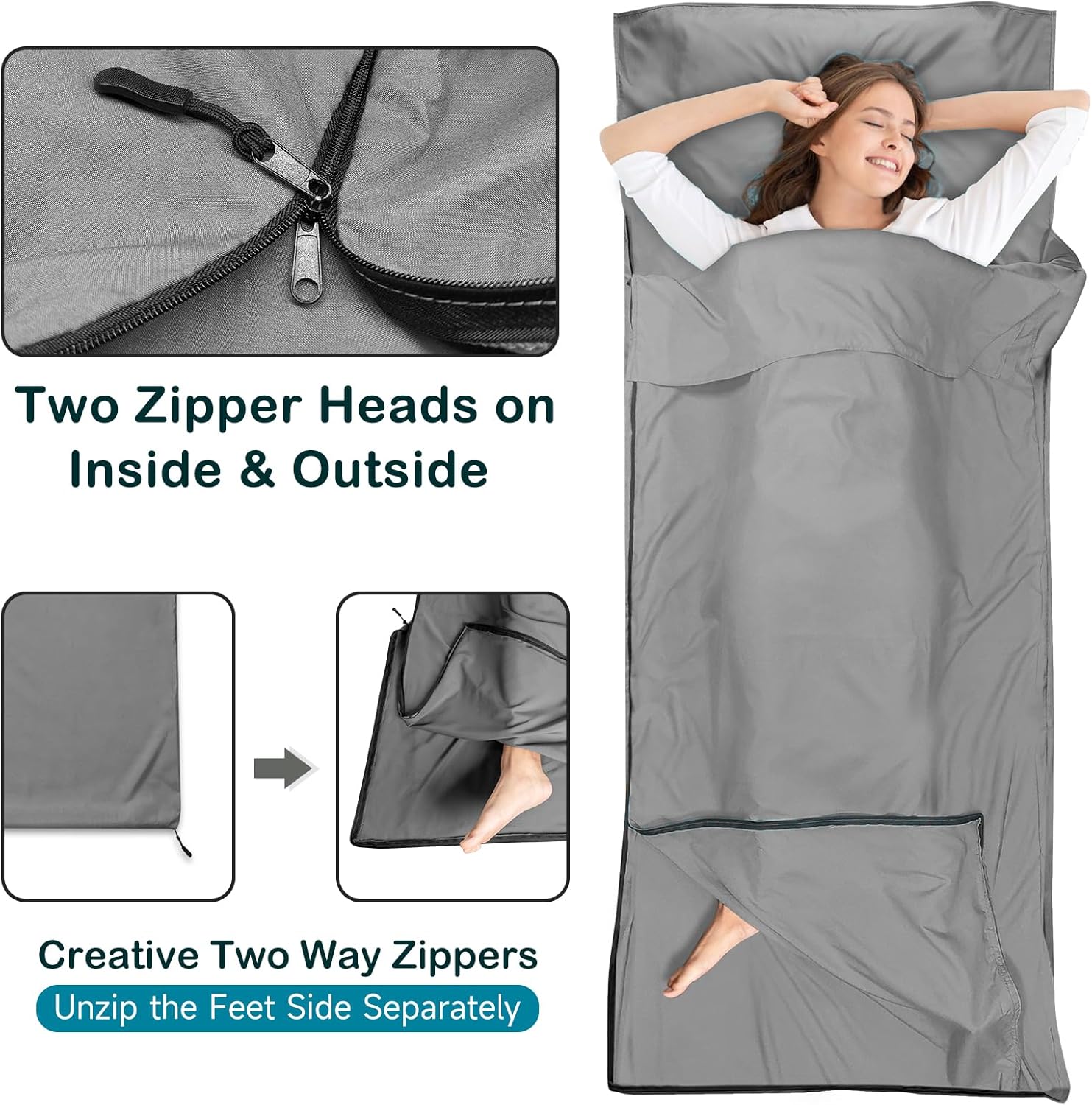 Sleeping Bag Liner, Ultralight Silky Satin Adult Sleep Sack & Self Tan Sleep Sack with Two-Way-Zipper, Single Camping Sheet & Travel Sheets for Hotel