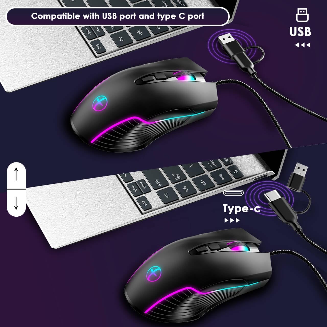Lighted up Backlits Full Size USB C(Type C)/USB A Large Print Wired Keyboard and Mouse Combo, with Quiet Scissor Keys &Phone Holder &Volume Knob &jiggler Mouse,for MacBook,Mac,Windows Laptop PC