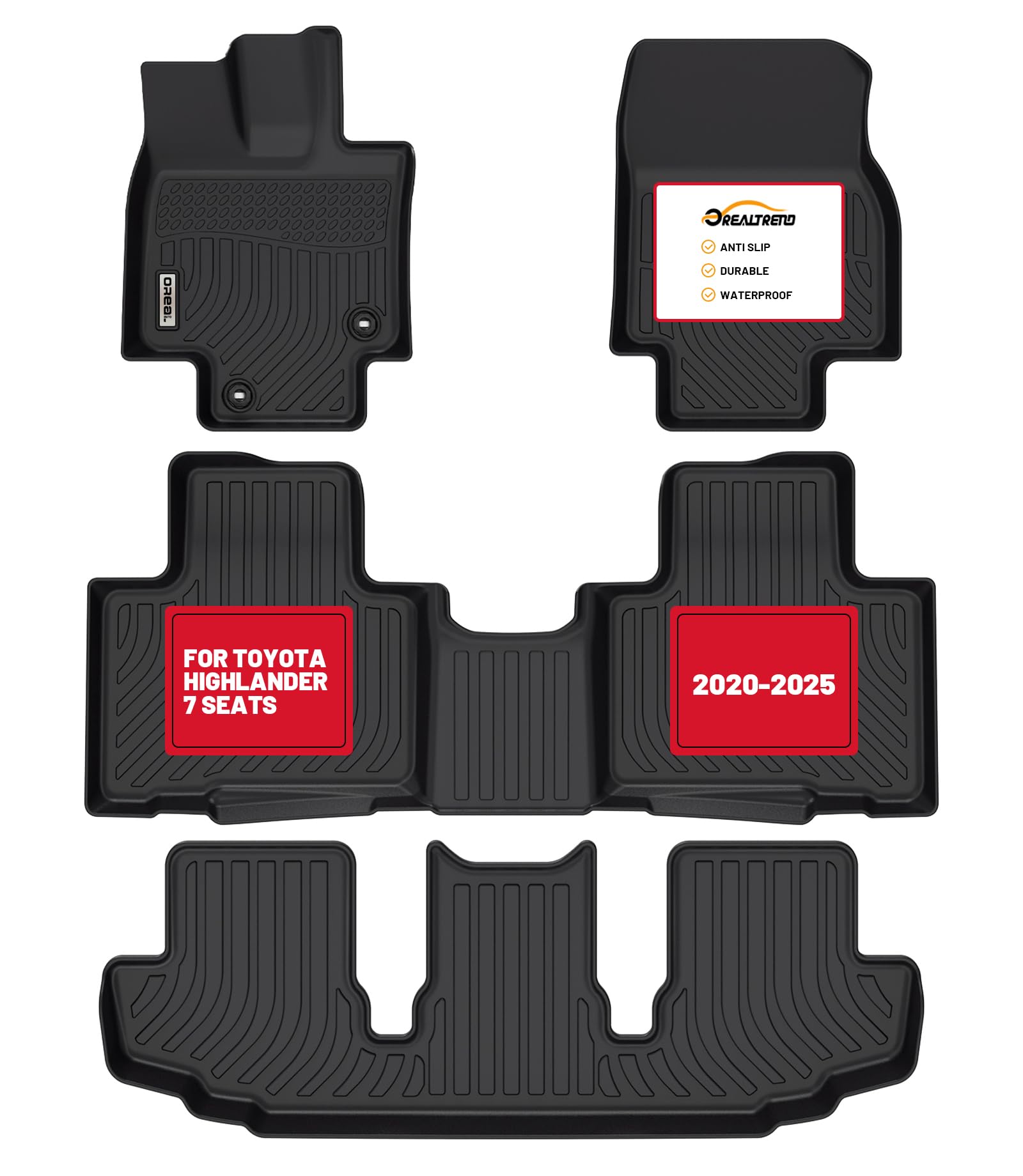 orealtrend Car Floor Mats Compatible with Toyota Highlander 7 Passenger 2020-2025 (Not for Hybrid & Grand Highlander) All Weather Guard Spill Proof Front Rear 3rd Row Carpet Custom Fit Anti Slip