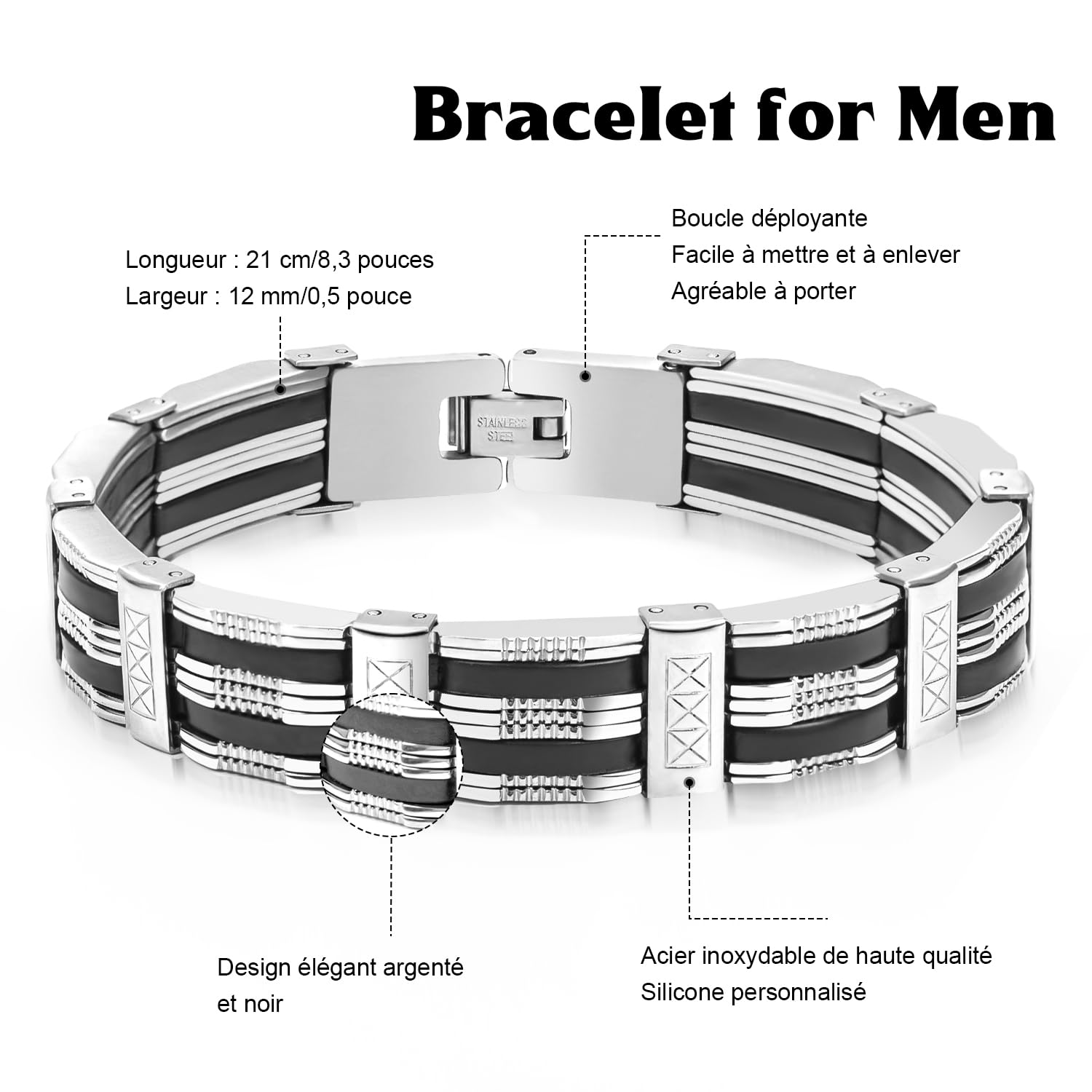 Bracciale in Argento da Uomo, Acciaio Inossidabile 8,3 in/21 cm, Regalo per Papà Figlio Fratello Marito, Gioielli per Adolescente Ragazzi