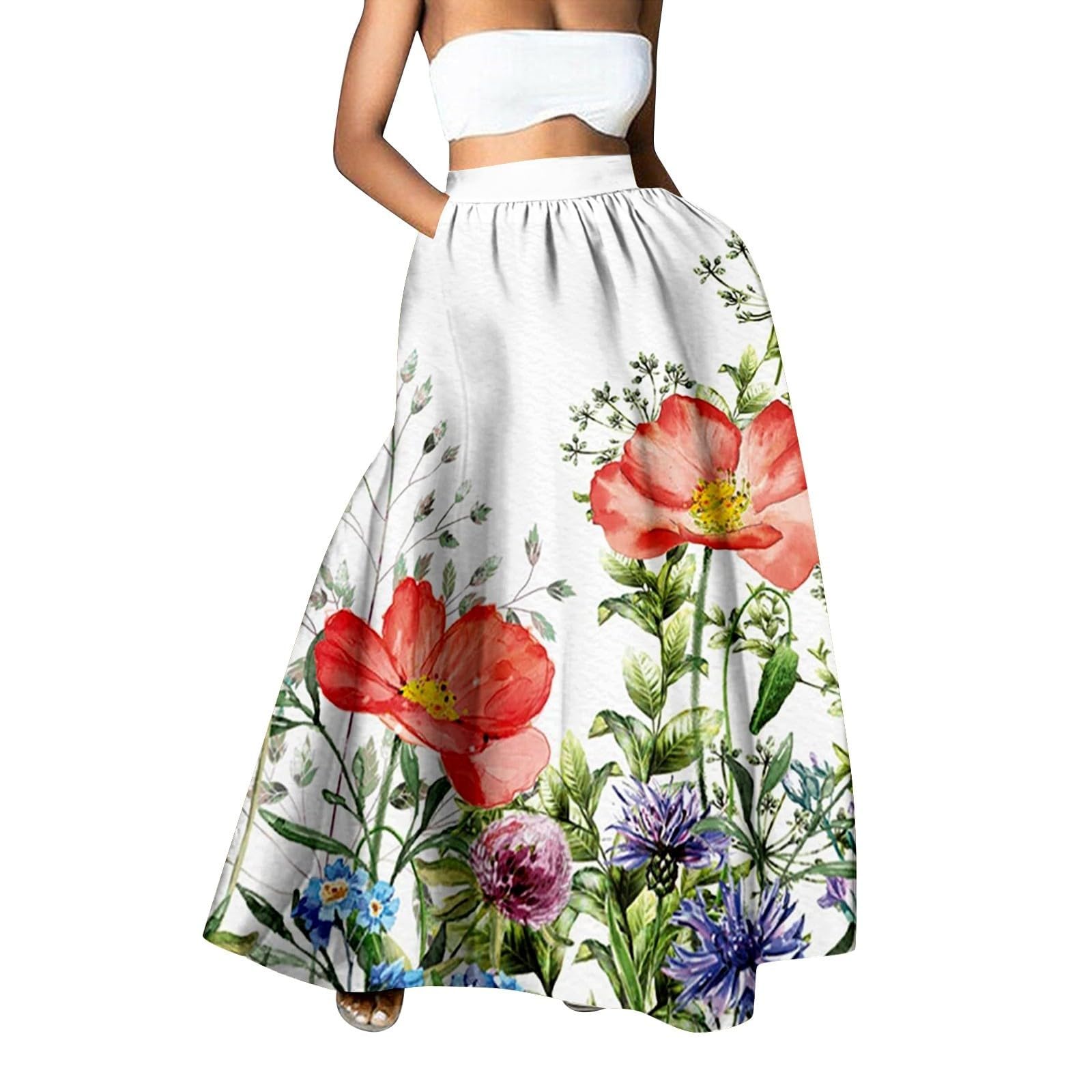 Women Long Skirts Drawstring Cute Maxi Skirts Soft Ruffle High Waisted Boho Skirt Vintage a Line Beach Cover