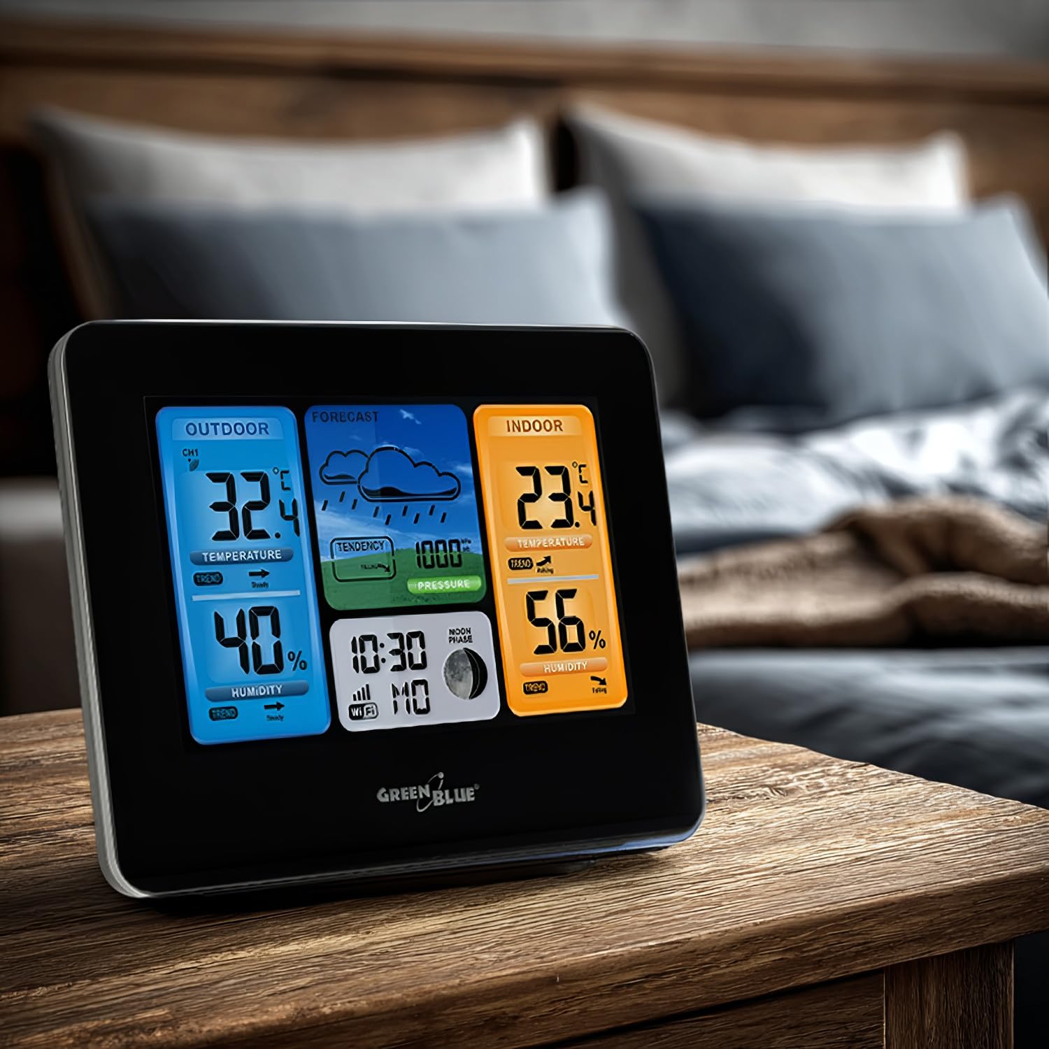 Green Blue GB215 Stazione meteo wireless con Wi-Fi compatibile con TUYA, Sensore esterno Calendario Pevisioni meteo Barometro
