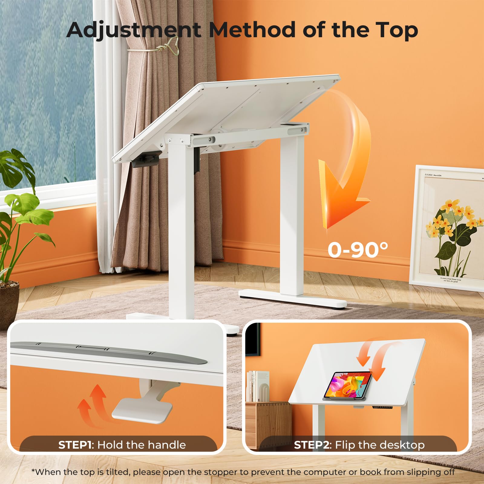 35inch Glass Standing Desk 90 Tiltable Mobile Rising Desk Height Adjustable Whole Piece Rolling Drafting DrawingTable with Wheels — view 6