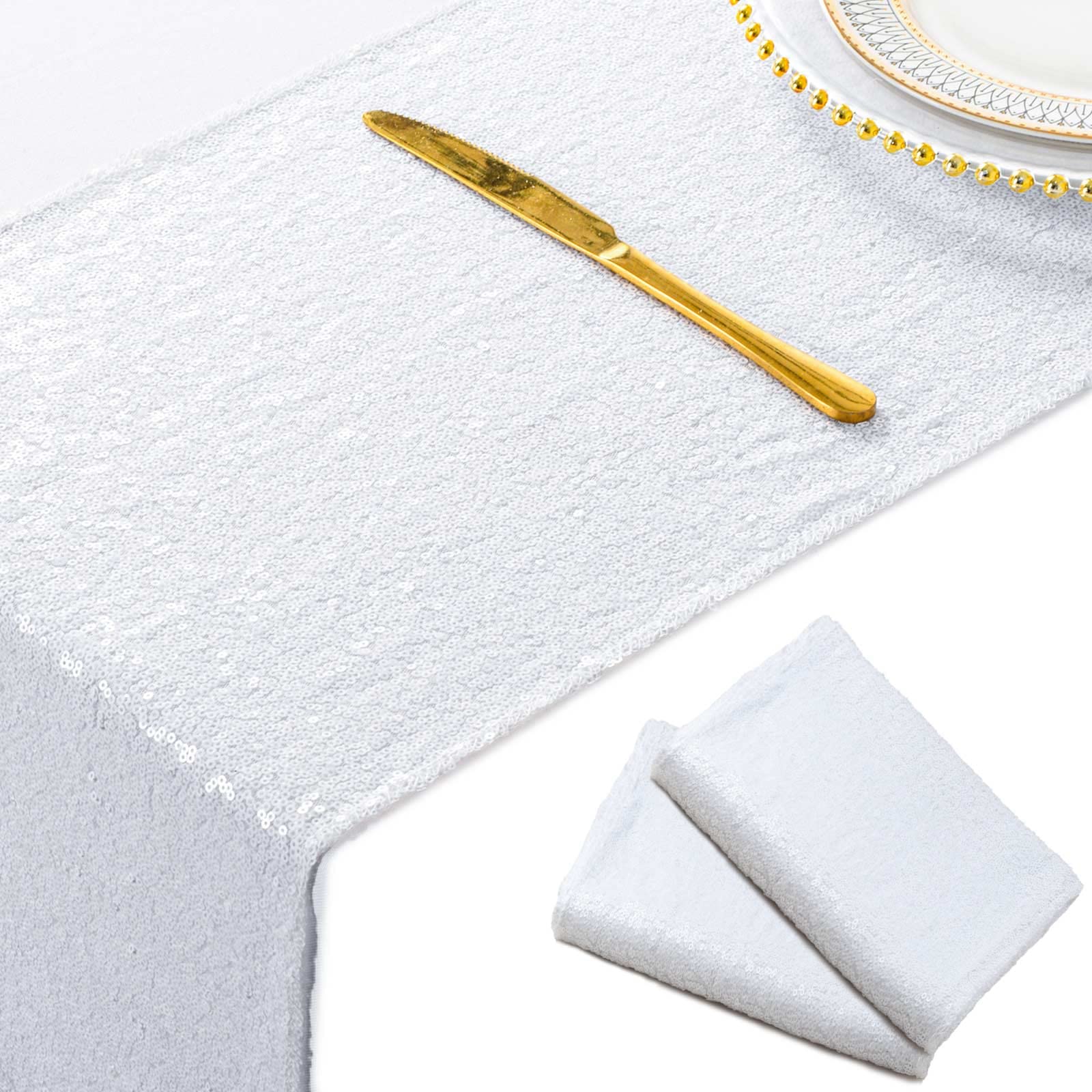 ShinyBeauty White Sequin Table Runners-12''x72'' 2Packs Wedding Table Runner Glitter Table Runner for Parties Baby Shower Birthday Table Runner White