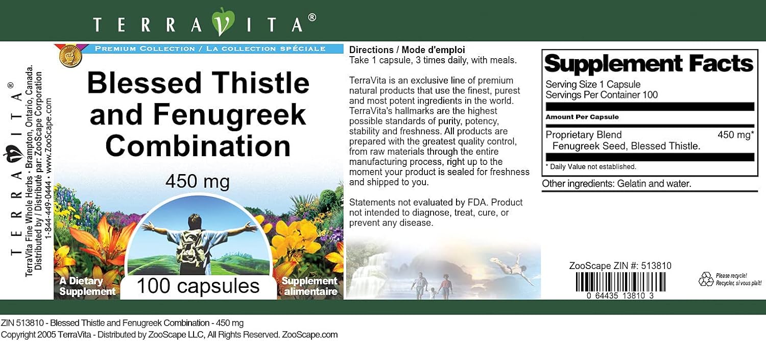 Blessed Thistle and Fenugreek Combination - 450 mg (100 Capsules, ZIN: 513810)