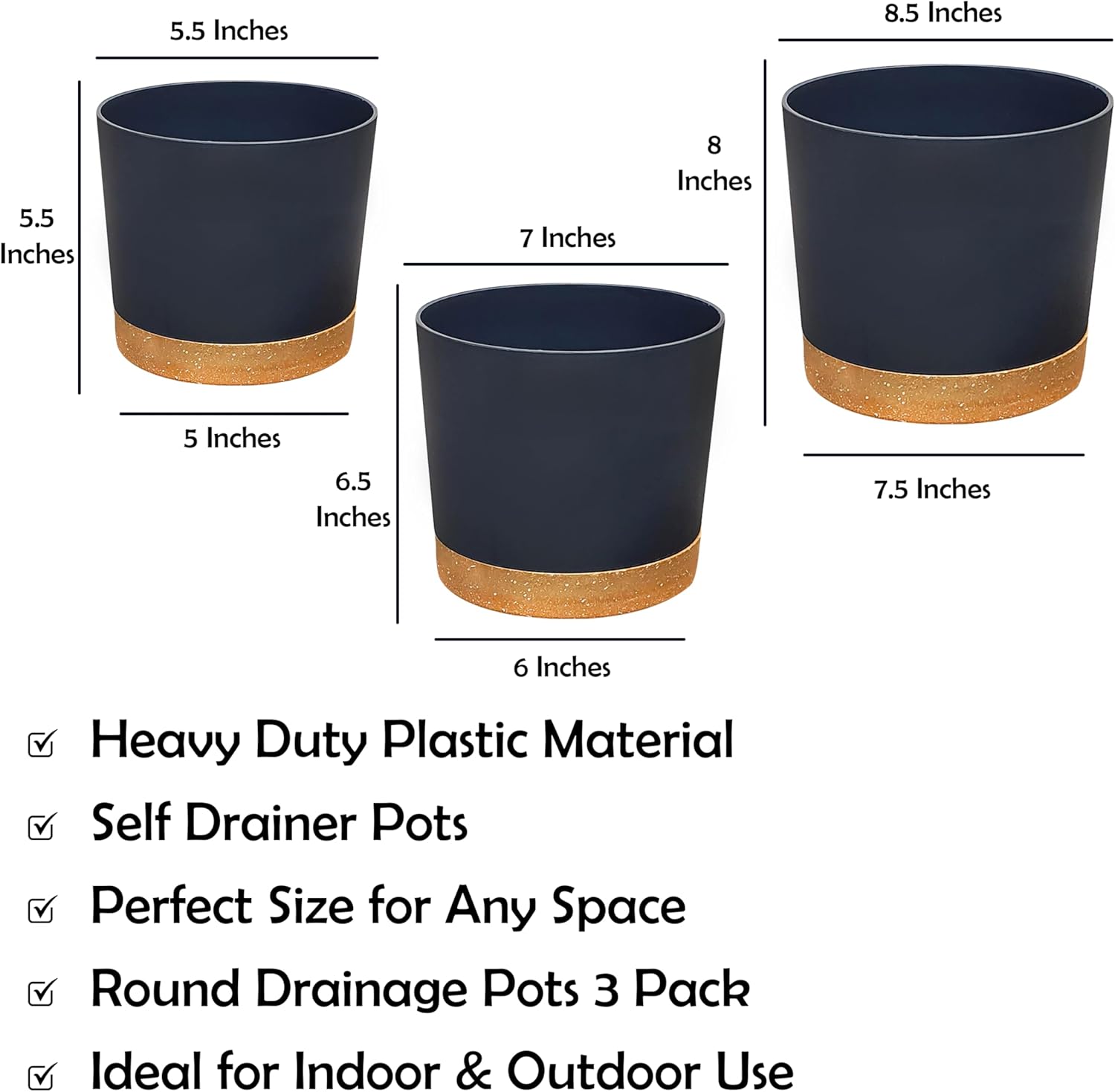 RUBBER BOND Plastic Plant Pots 3 Pack - Modern Indoor/Outdoor Planters for Home Decor - Weather-Resistant Flower Pots - Ideal for Stylish Garden and Patio Decor (Grey Round)