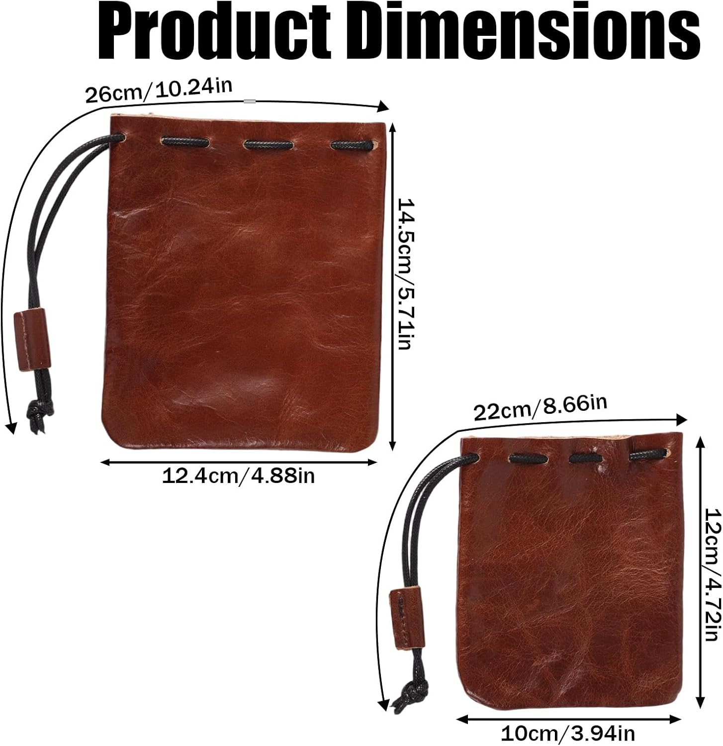 Penitue 2pcs Leather Drawstring Pouch, Brown Cowhide Vintage Leather Storage Bags Pouch Medieval Coin Purse Organizer (2 Sizes)