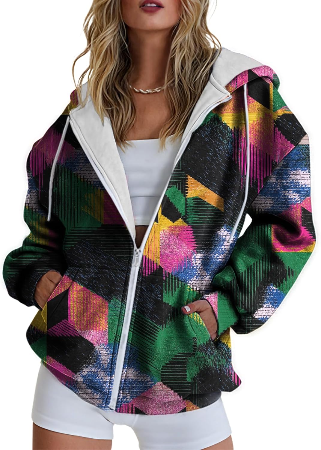 domirica Womens Hoodies Trendy Oversized Long Sleeve Print Full Zipper Casual Sweatshirts with Pockets