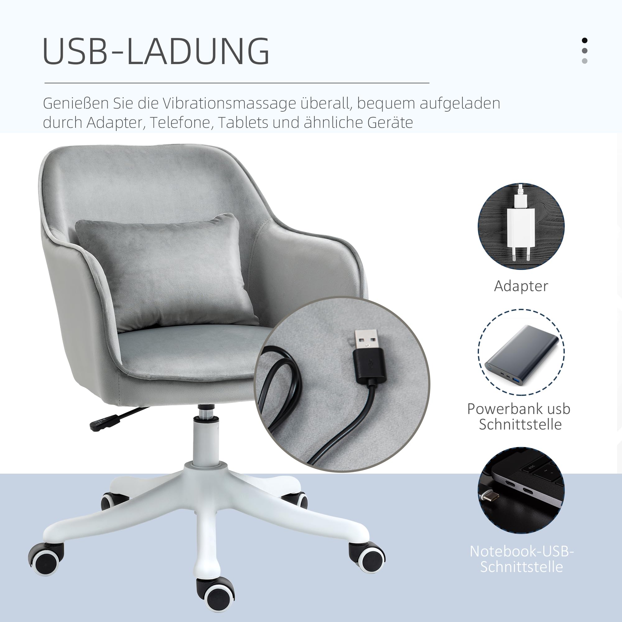 Vinsetto Bürostuhl mit Massagefunktion Ergonomischer Chefsessel Hellgrau | Höhenverstellbar, 360° Drehbar, Computerstuhl, Samtoptik, USB-Schrittstelle