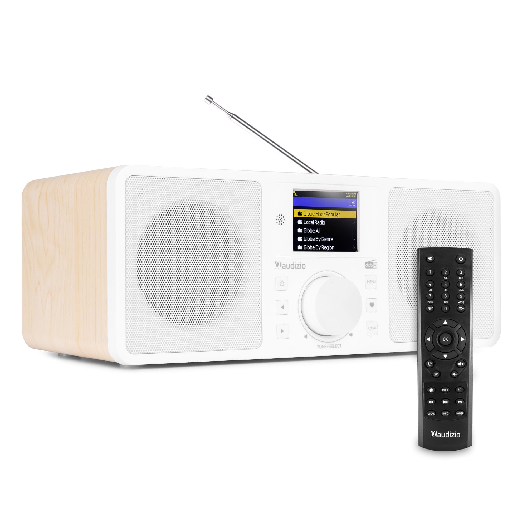 Audizio Rome - Radio Internet WiFi Stéréo Dab+ - Blanc, Récepteur Bluetooth, Écran de Couleur, Fonction Horloge et Timer, Télécommande Incluse, Idéal en Maison et Bureau