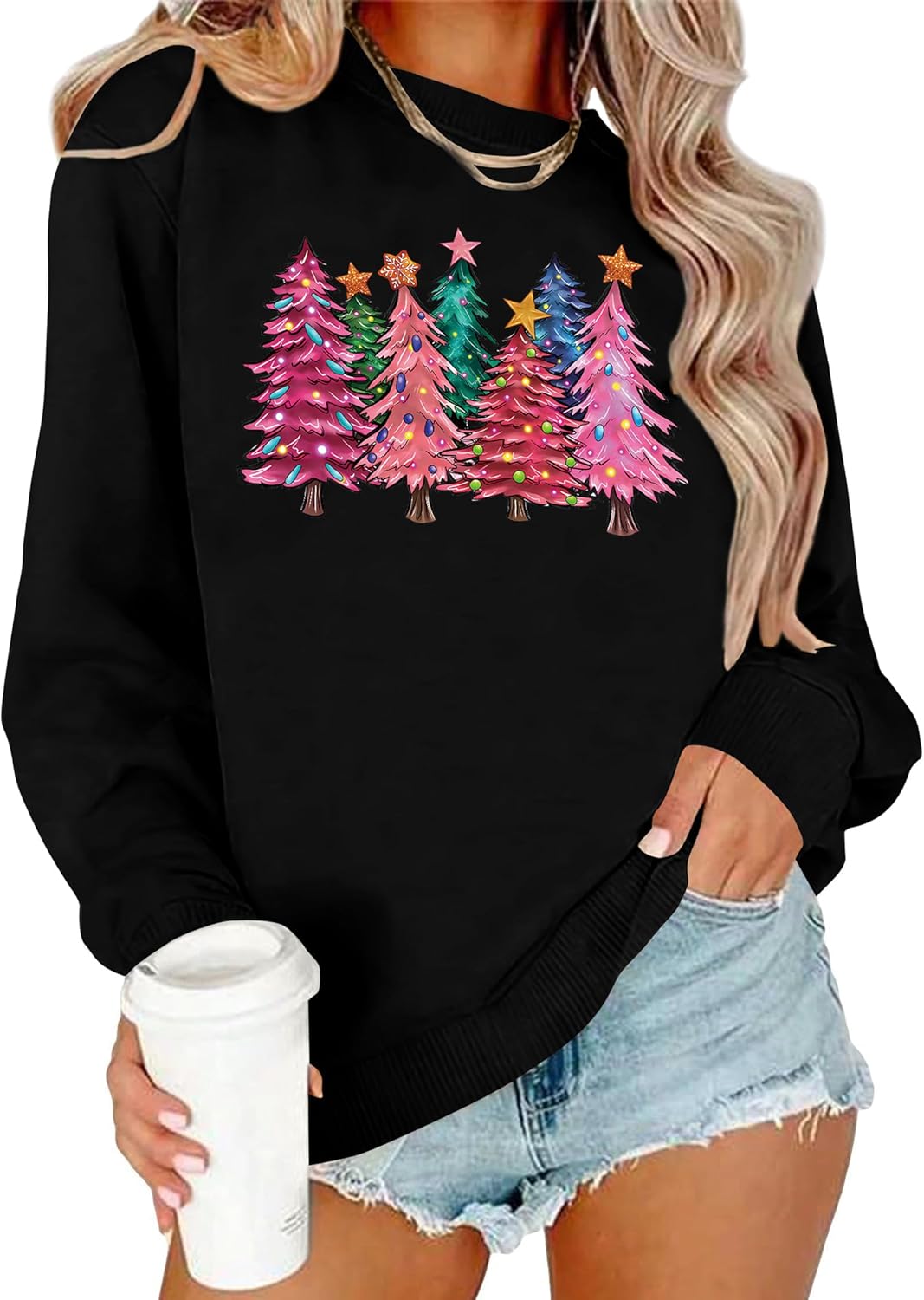 Christmas Sweatshirts Women Christmas Tree Graphic Long Sleeve Shirts Xmas Holiday Party Pullover Blouse - Image 4