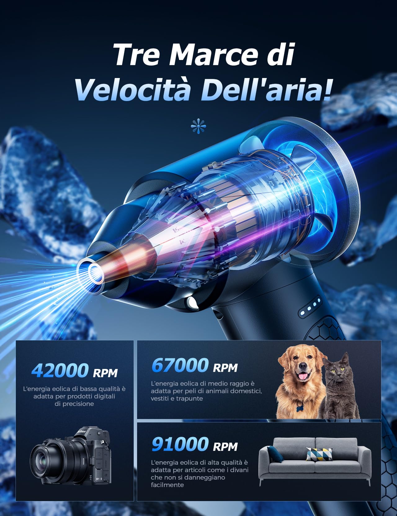 Aria Compressa Elettrico 3 Velocità con Luce LED, 100.000 Giri/Min, Batteria 9000 mAh, Kit Pulizia PC