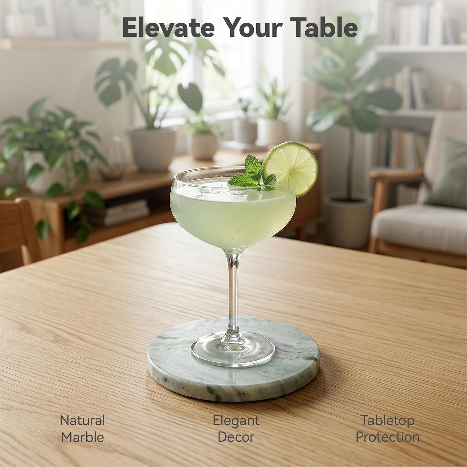 Sage Green Marble Coasters Set of 4, Elegant Green & White Coasters for Coffee Table, 4" Round Polished Soft Green Stone Coaster with Cloudy Veins – Heat Resistant, Non-Slip, Housewarming Gift