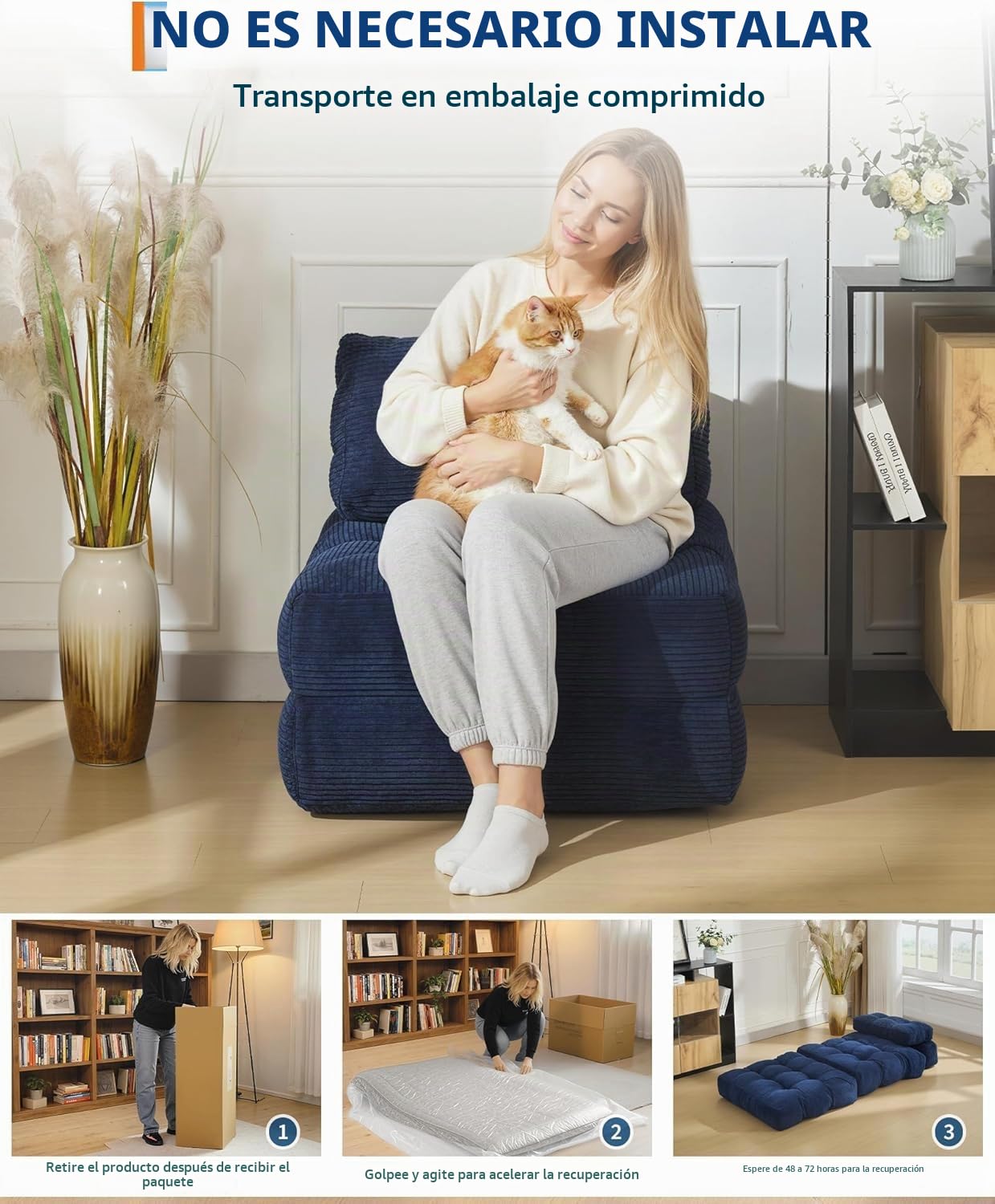 Sofá Cama Tipo Futón De Suelo 190 CM, Colchón Plegable, Incluye Almohada | Sin estructura, colchón plegable integrado, Incluye respaldo y almohada, Funciona como chaise longue, salón y dormitorio