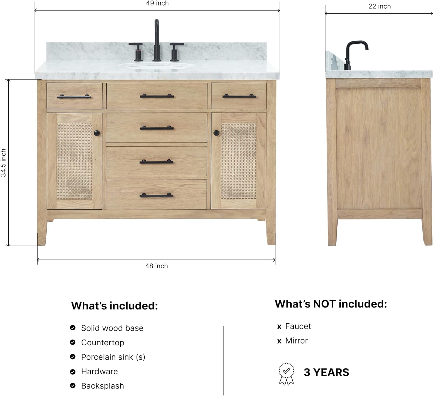 ARIEL Camila 48-inch Bathroom Vanity with Sink,Solid Wood, 1.5-inch Italian Carrara Marble Countertop & Backsplash, Single Oval Porcelain Sink, 2 Soft Closing Doors, 6 Dovetail Drawers, White Oak