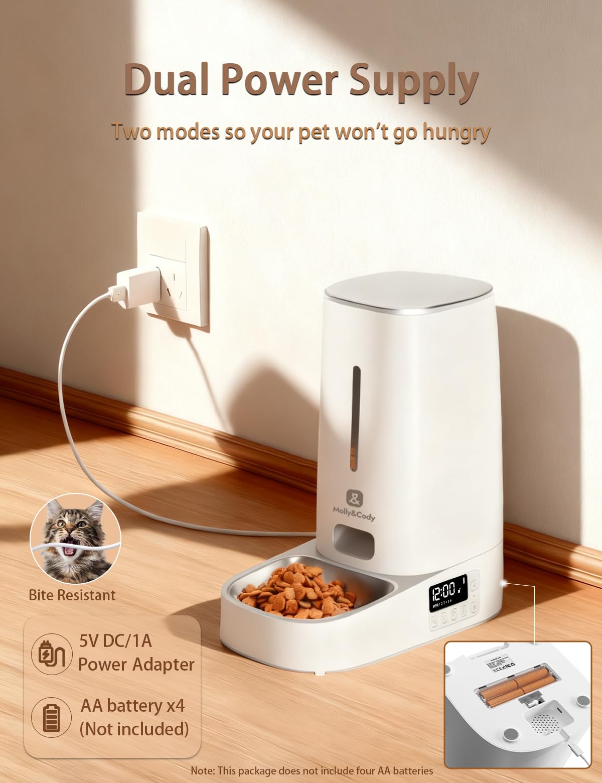 Timed Automatic Cat Feeder: 4L Programmable Cat Food Dispenser with Visual LCD Display, Automatic Dog Feeder with Airtight Storage,304 Stainless Steel Bowl,Dual Power Supply,Detachable for Cleaning - image 3
