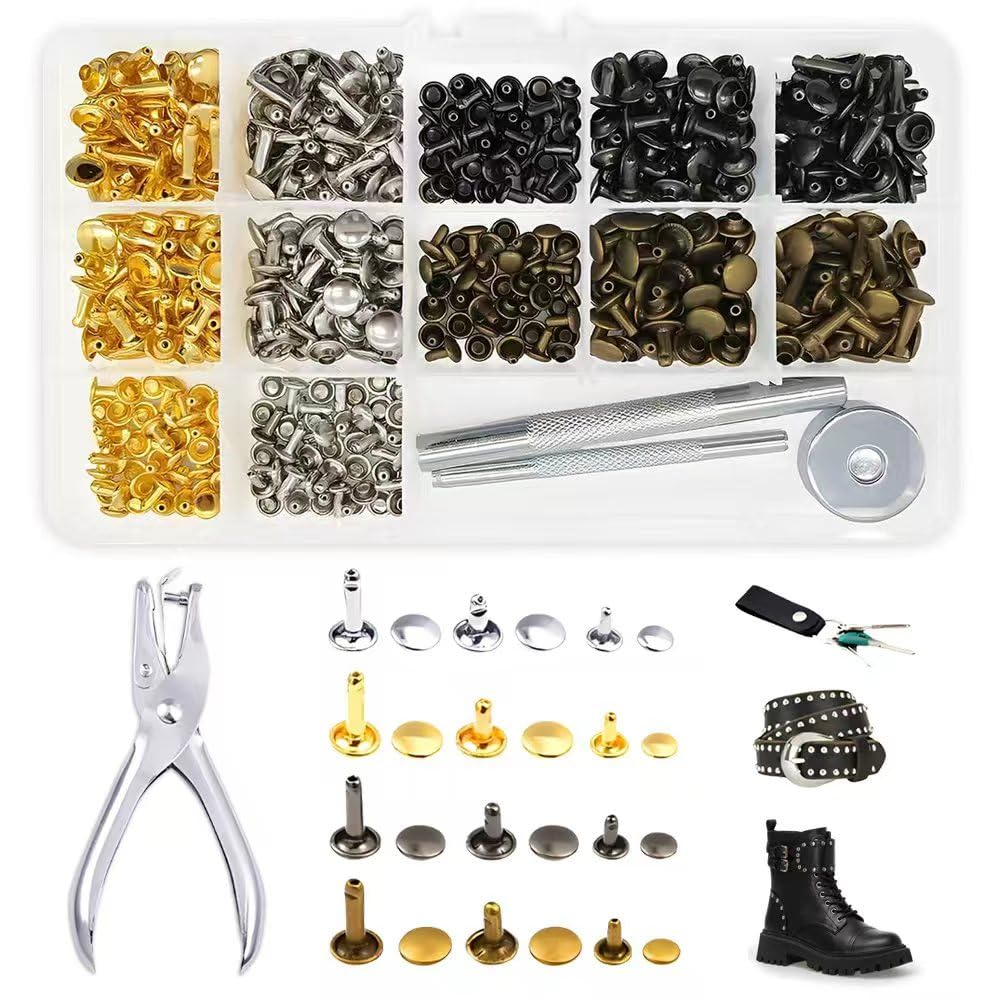360 Pcs Ribattini per Cuoio,Borchie per Tessuti Decorative,Borchie per Pelle,Borchies per Borse Fai da Te,Rivetti a Doppio Tappo,Ribattini per Metallo con Punch Pinze,Rivetto Doppio Cappuccio