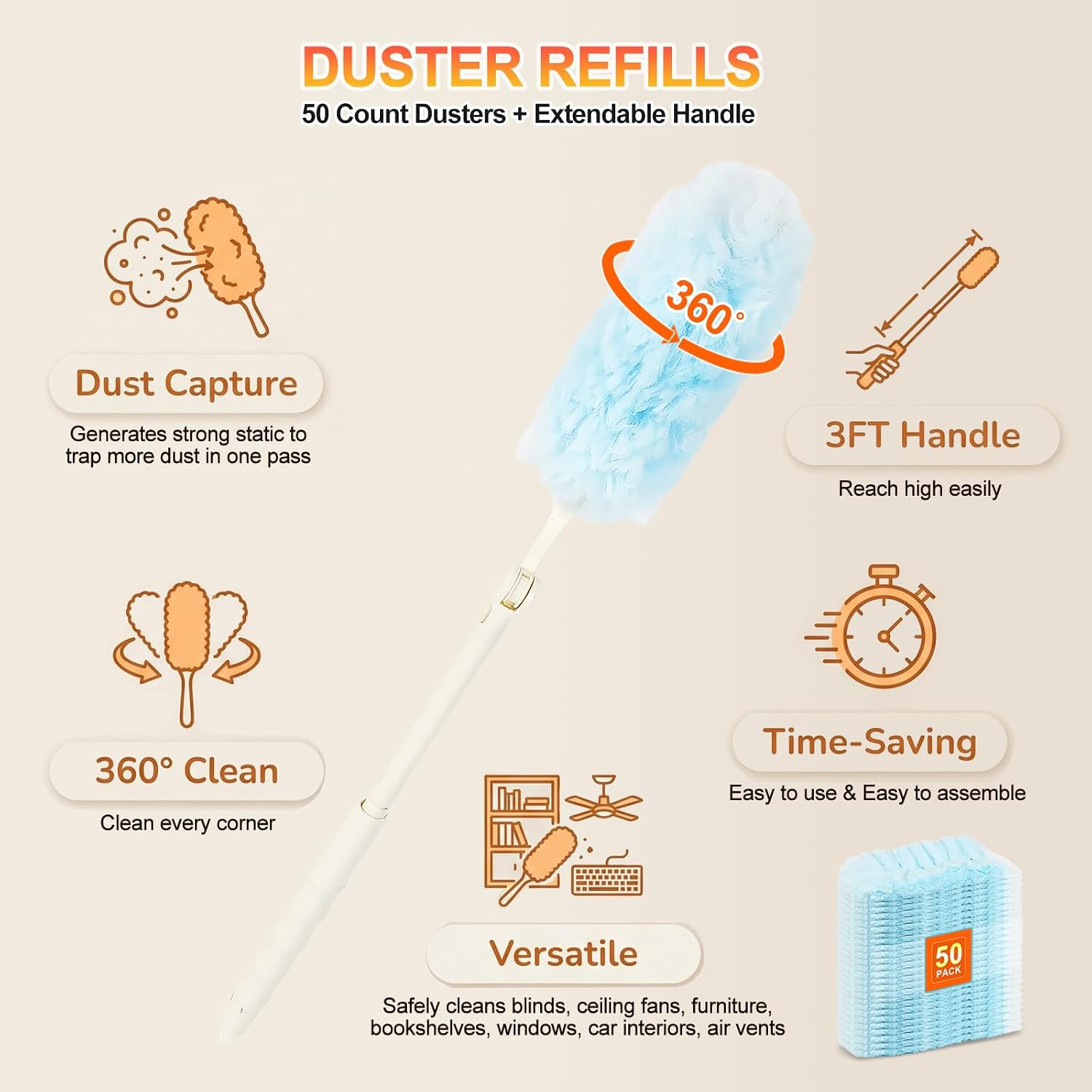 50 Count Heavy Duty Duster Refills for Swiffer Duster, Multisurface 360 Dusters Replacements with 3 ft Extended Handle, Unscented Disposable Dusters for Cleaning Home, Blinds, Ceiling Fans, Furniture