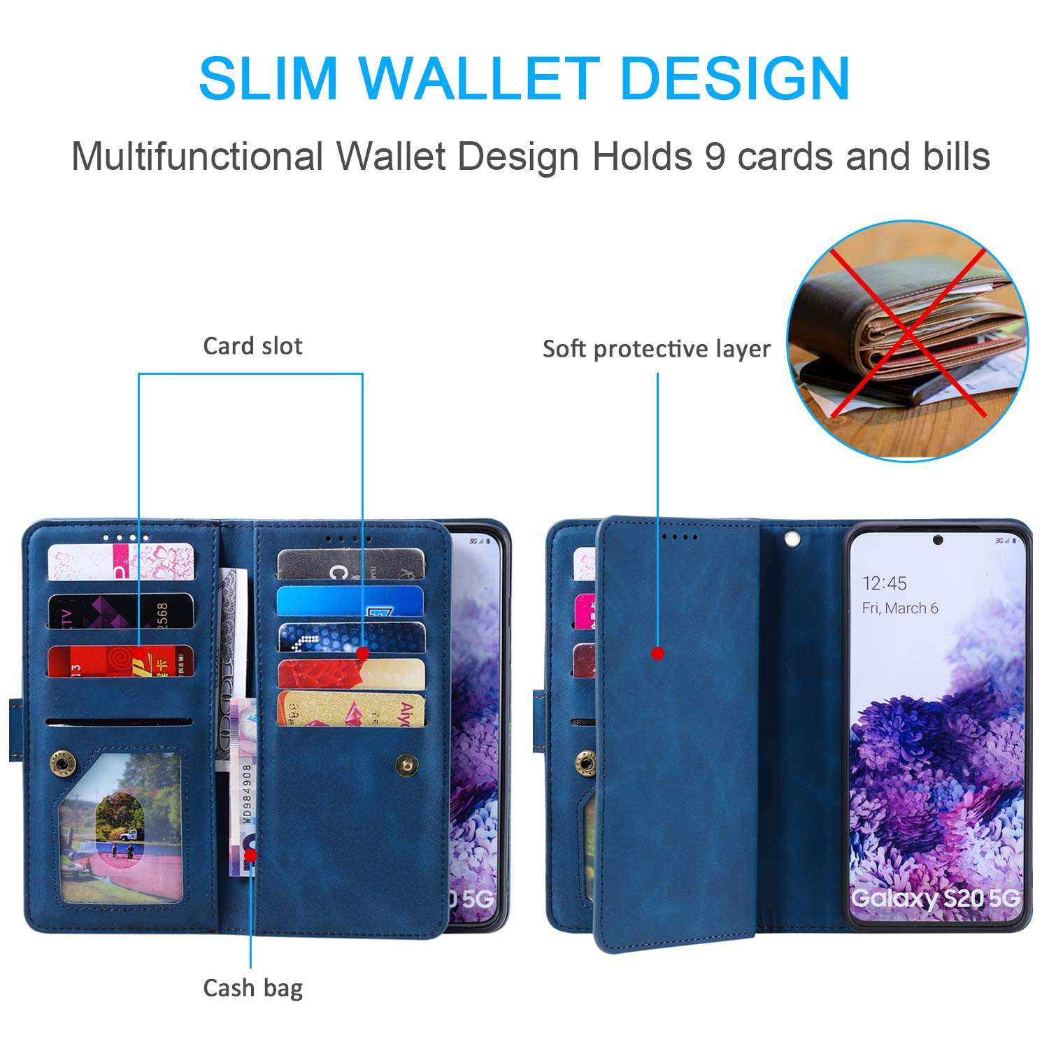 UEEBAI Wallet Case for Samsung Galaxy S20 FE 5G, Retro 9 Card Holder Slots Zipper Pocket Handbag Case PU Leather Magnetic Closure Kickstand with Wrist Strap TPU Shockproof Flip Case - Blue